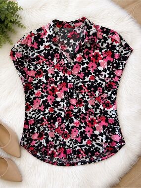 🖤💗Jones New York Signature Floral Cap Sleeve Blouse Pink Black White Size Medium